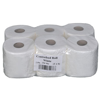 White Centrefeed Embossed 150 Mtr Roll 2PLY (Pack of 6)