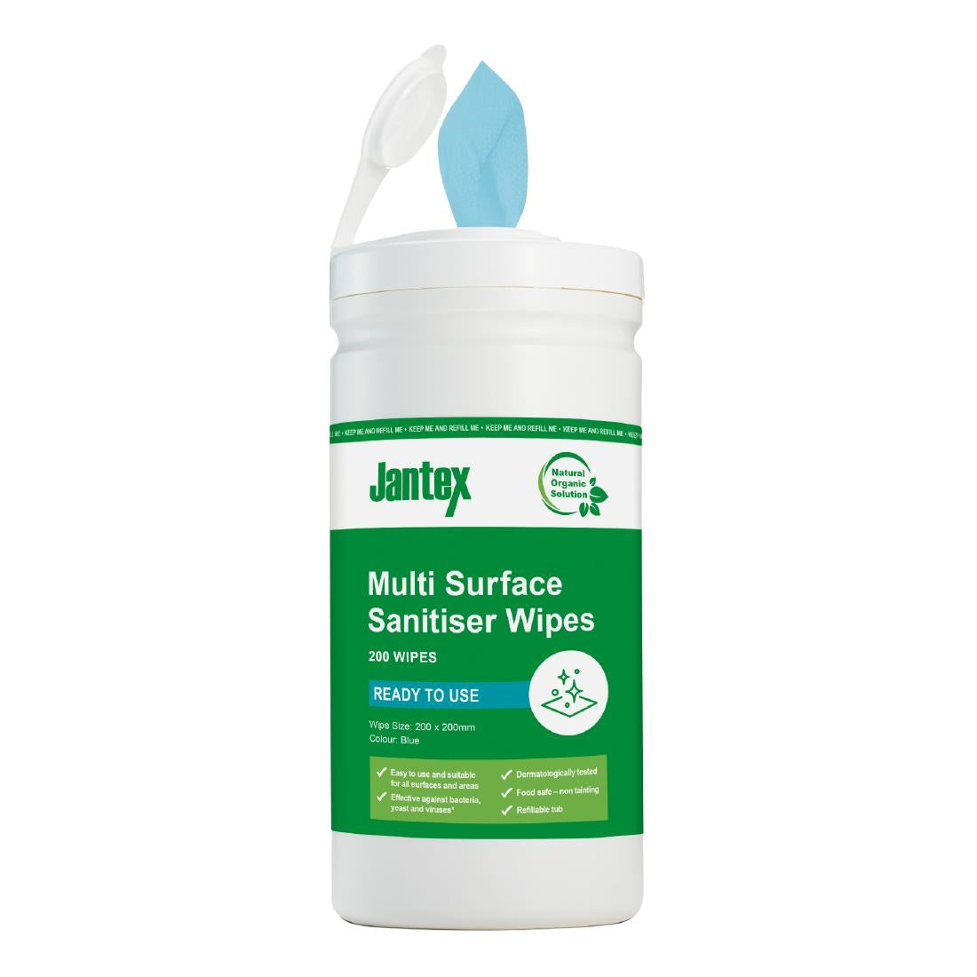 Jantex Green Surface Sanitiser Wipes Starter Tub 200mm (Pack of 200)